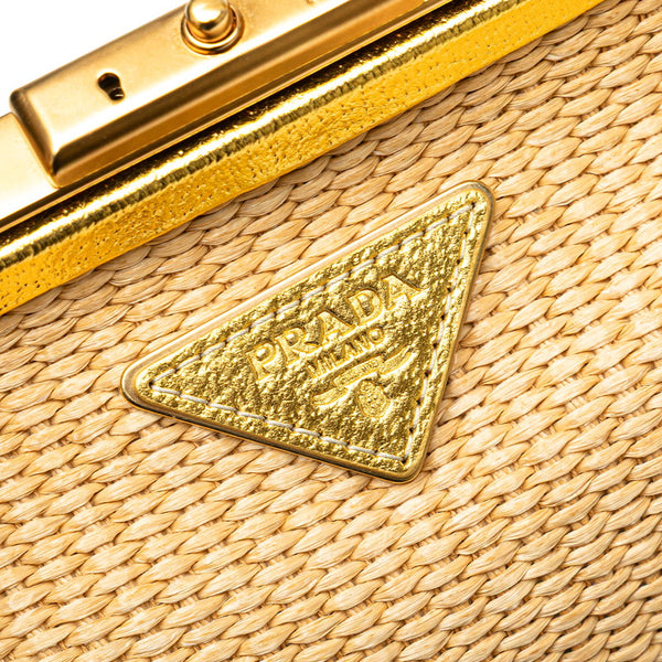 プラダ 三角ロゴプレート ハンドバッグ ベージュ ゴールド ストロー レザー レディース PRADA 【中古】