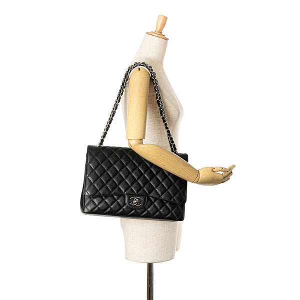 シャネル マトラッセ ダブルフラップ ココマーク チェーン ショルダーバッグ ブラック キャビアスキン レディース CHANEL 【中古】