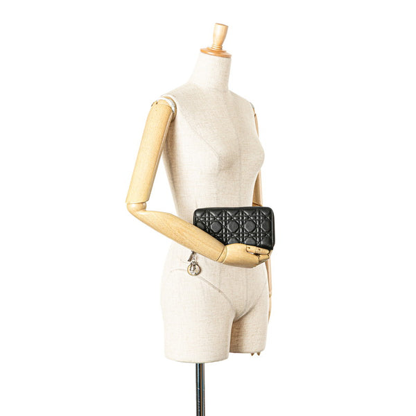 ディオール レディディオール カナージュ ラウンドファスナー 長財布 ブラック ラムスキン レディース Dior 【中古】