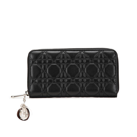 ディオール レディディオール カナージュ ラウンドファスナー 長財布 ブラック ラムスキン レディース Dior 【中古】
