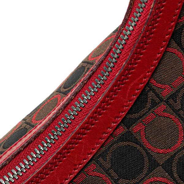 サルヴァトーレフェラガモ ガンチーニ ワンショルダーバッグ ブラック レッド キャンバス レザー レディース Salvatore Ferragamo 【中古】