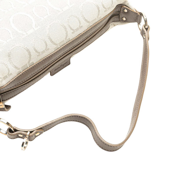 サルヴァトーレフェラガモ ガンチーニ ハンドバッグ ポーチ AU-22 6123 ライトグレー ブラウン キャンバス レザー レディース Salvatore Ferragamo 【中古】