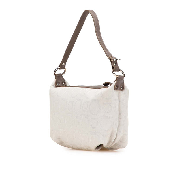 サルヴァトーレフェラガモ ガンチーニ ハンドバッグ ポーチ AU-22 6123 ライトグレー ブラウン キャンバス レザー レディース Salvatore Ferragamo 【中古】