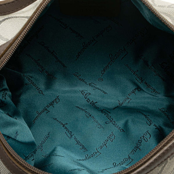 サルヴァトーレフェラガモ ガンチーニ ハンドバッグ ポーチ AU-22 6123 ライトグレー ブラウン キャンバス レザー レディース Salvatore Ferragamo 【中古】