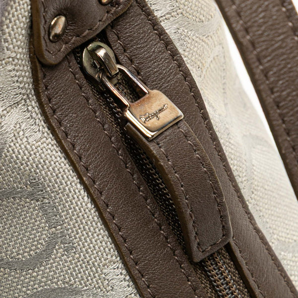 サルヴァトーレフェラガモ ガンチーニ ハンドバッグ ポーチ AU-22 6123 ライトグレー ブラウン キャンバス レザー レディース Salvatore Ferragamo 【中古】