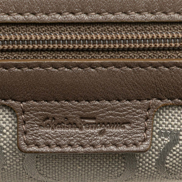 サルヴァトーレフェラガモ ガンチーニ ハンドバッグ ポーチ AU-22 6123 ライトグレー ブラウン キャンバス レザー レディース Salvatore Ferragamo 【中古】