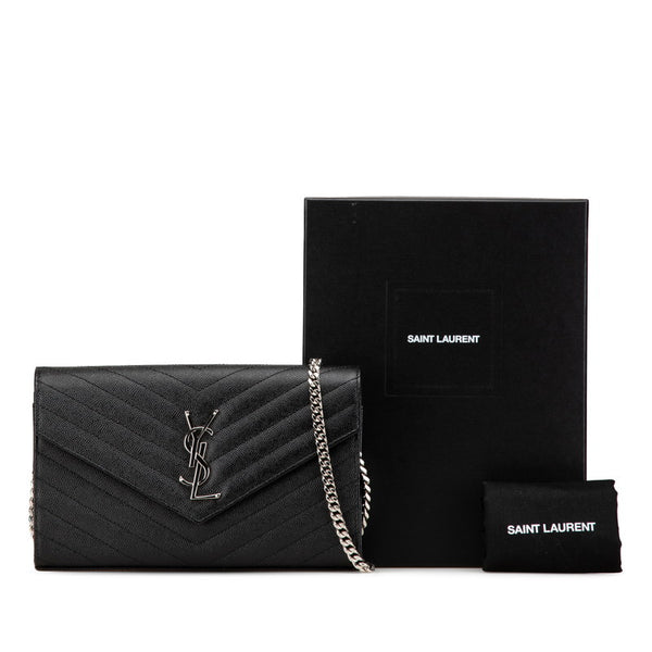 サンローラン YSLロゴ カサンドラ チェーン ショルダーウォレットバッグ ブラック シルバー レザー レディース SAINT LAURENT 【中古】