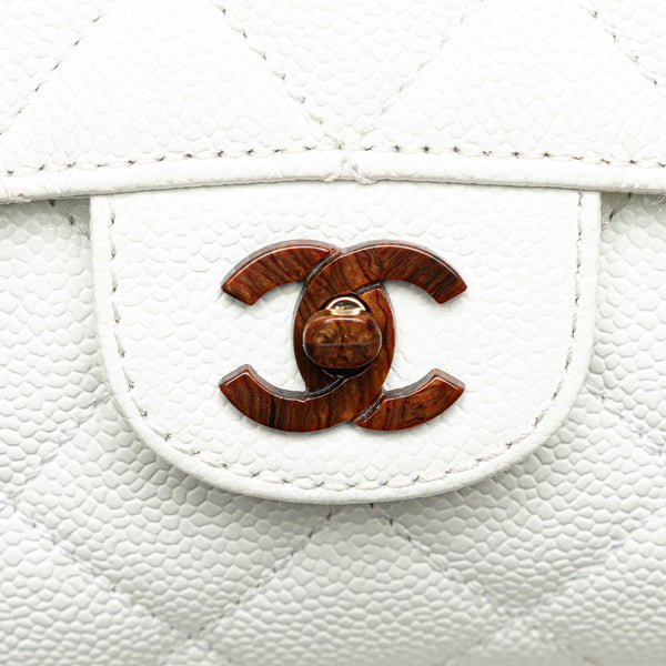 シャネル マトラッセ ココマーク ウッド チェーン ショルダーバッグ ホワイト ブラウン キャビアスキン レディース CHANEL 【中古】
