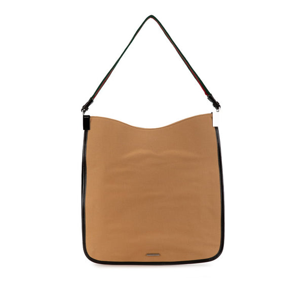 グッチ シェリーライン ロゴプレート トートバッグ ワンショルダーバッグ 001 4306 001998 ベージュ ブラウン キャンバス レザー レディース GUCCI 【中古】