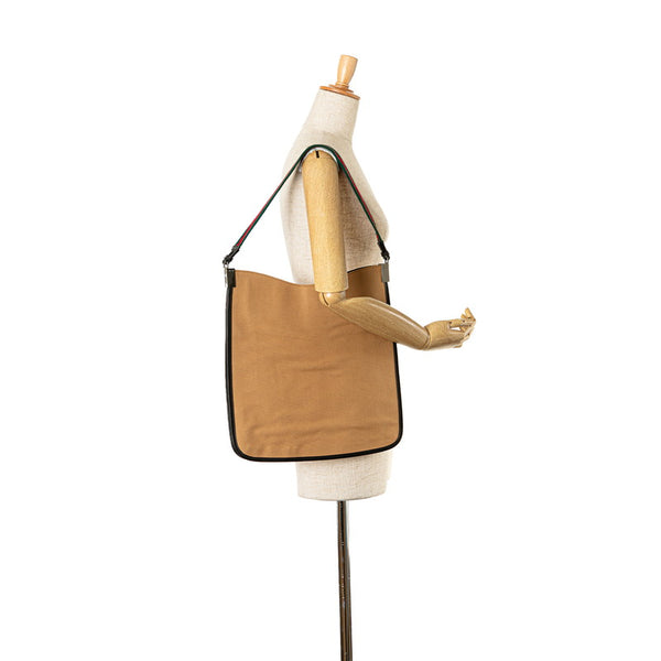 グッチ シェリーライン ロゴプレート トートバッグ ワンショルダーバッグ 001 4306 001998 ベージュ ブラウン キャンバス レザー レディース GUCCI 【中古】