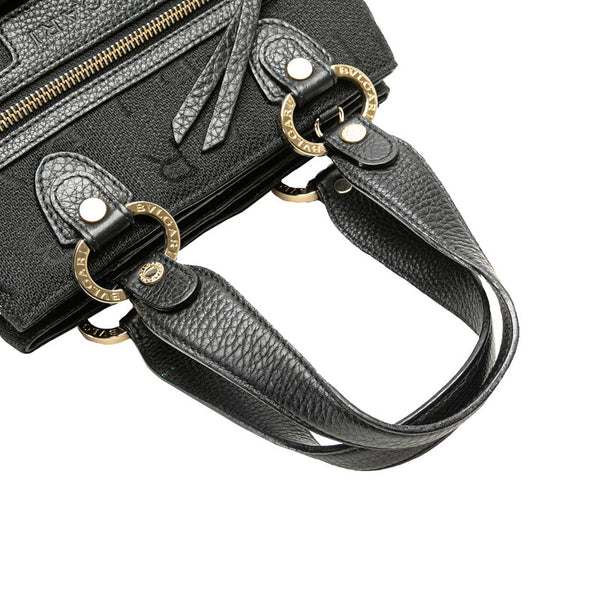 ブルガリ モノグラム ロゴマニア ハンドバッグ ブラック キャンバス レザー レディース BVLGARI 【中古】