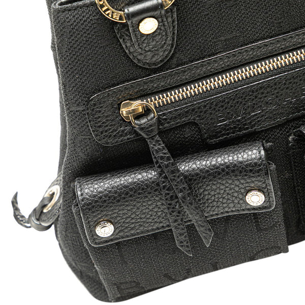 ブルガリ モノグラム ロゴマニア ハンドバッグ ブラック キャンバス レザー レディース BVLGARI 【中古】