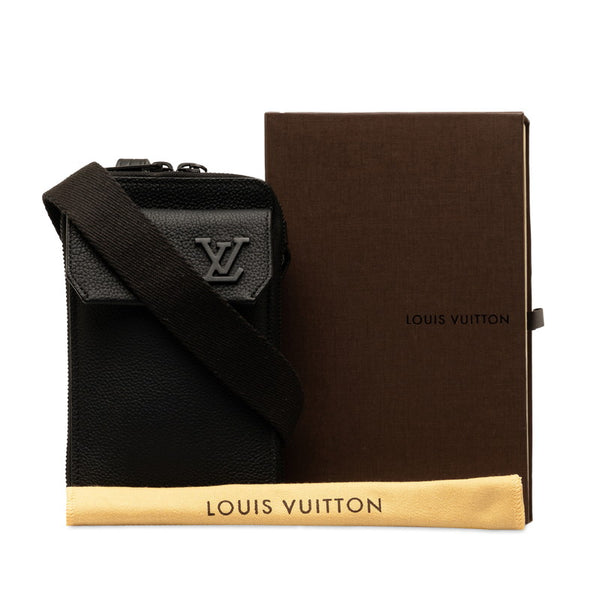 ルイ ヴィトン アエログラム フォンポーチ LVロゴ ポーチ ショルダーバッグ M57089 ノワール ブラック グレインレザー メンズ LOUIS VUITTON 【中古】