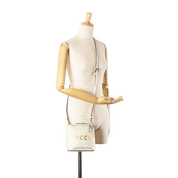 グッチ セガ SEGA コラボ GUCCYプリント ショルダーバッグ 511189 ホワイト ゴールド レザー レディース GUCCI 【中古】