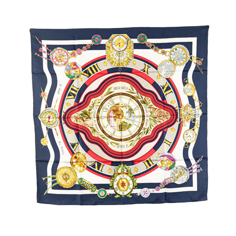 エルメス カレ90 la ronde des heures 時の輪舞 スカーフ ネイビー ホワイト マルチカラー シルク レディース HERMES 【中古】