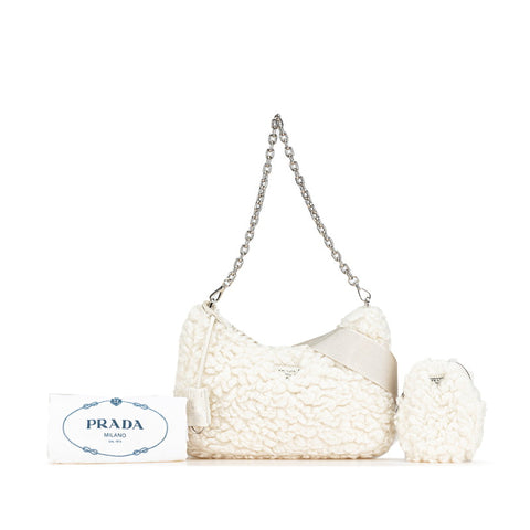プラダ Re-Edition2005 ハンドバッグ ショルダーバッグ 2WAY 1BH204BOO ホワイト ウール レディース PRADA 【中古】