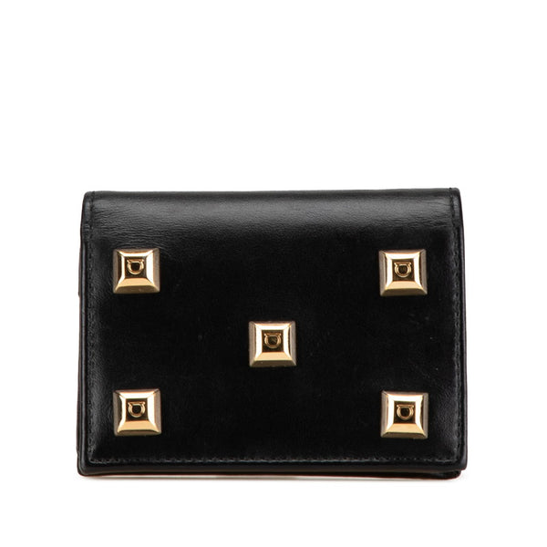 サルヴァトーレフェラガモ ガンチーニ スタッズ 二つ折り財布 コンパクトウォレット 22D570 ブラック ゴールド レザー レディース Salvatore Ferragamo 【中古】