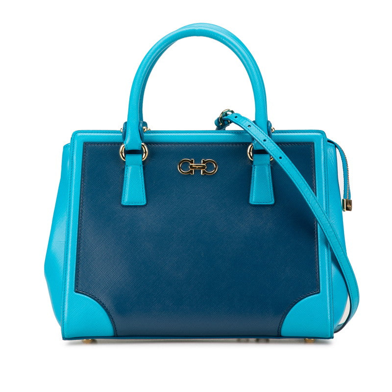 サルヴァトーレフェラガモ ガンチーニ ハンドバッグ ショルダーバッグ 2WAY ネイビー ブルー レザー レディース Salvatore Ferragamo 【中古】