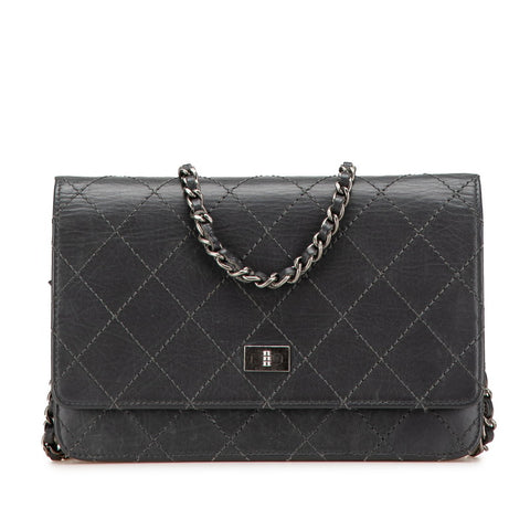 シャネル 2.55 ワイルドステッチ チェーンウォレット ショルダーバッグ A69206 グレー レザー レディース CHANEL 【中古】