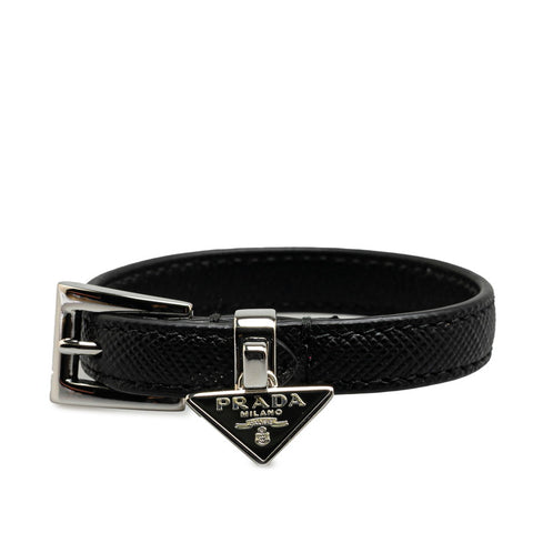 プラダ 三角ロゴプレート ブレスレット 1IB351 ブラック シルバー レザー レディース PRADA 【中古】
