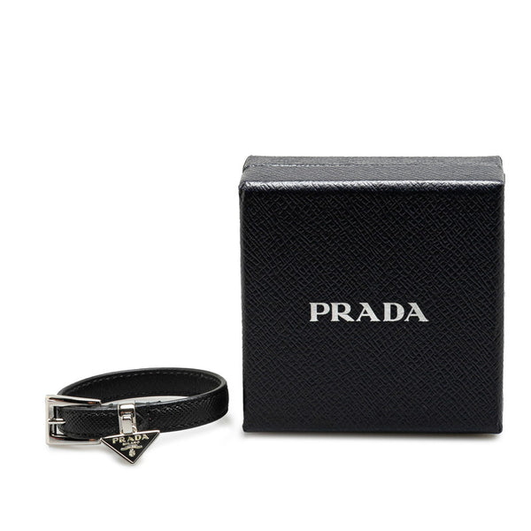 プラダ 三角ロゴプレート ブレスレット 1IB351 ブラック シルバー レザー レディース PRADA 【中古】