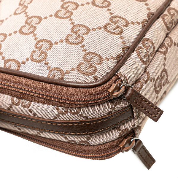 グッチ GGキャンバス ロゴプレート ポーチ ミニハンドバッグ 039 1157 ピンク ブラウン キャンバス レザー レディース GUCCI 【中古】