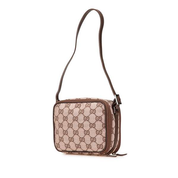 グッチ GGキャンバス ロゴプレート ポーチ ミニハンドバッグ 039 1157 ピンク ブラウン キャンバス レザー レディース GUCCI 【中古】