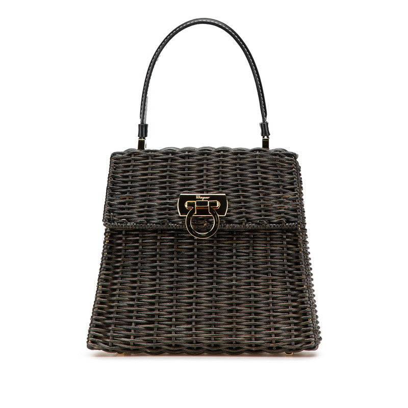 サルヴァトーレフェラガモ ガンチーニ ハンドバッグ カゴバッグ ブラック ストロー レザー レディース Salvatore Ferragamo 【中古】