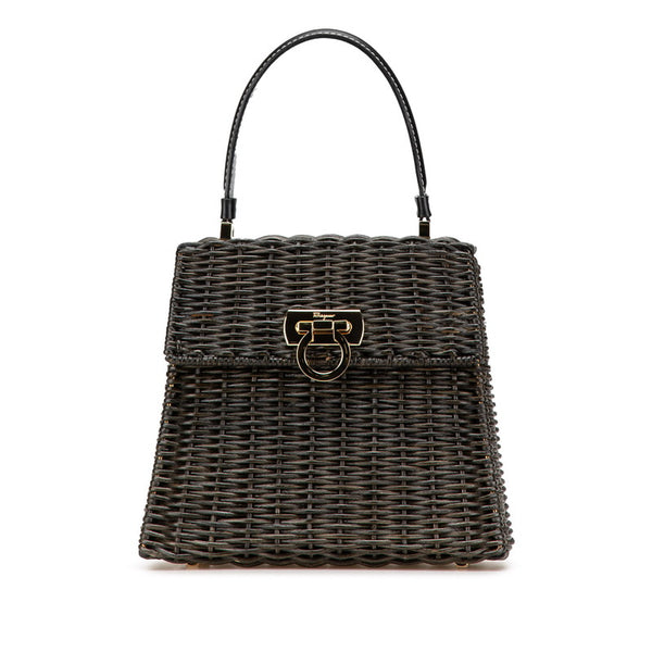 サルヴァトーレフェラガモ ガンチーニ ハンドバッグ カゴバッグ ブラック ストロー レザー レディース Salvatore Ferragamo 【中古】