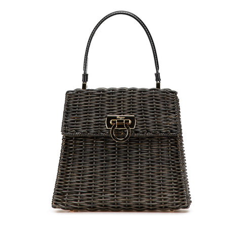 サルヴァトーレフェラガモ ガンチーニ ハンドバッグ カゴバッグ ブラック ストロー レザー レディース Salvatore Ferragamo 【中古】