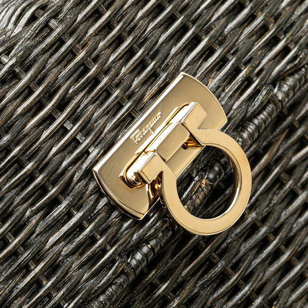 サルヴァトーレフェラガモ ガンチーニ ハンドバッグ カゴバッグ ブラック ストロー レザー レディース Salvatore Ferragamo 【中古】