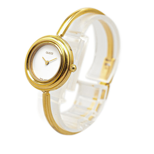 グッチ チェンジベゼル バングルウォッチ 腕時計 クオーツ ホワイト文字盤 メッキ レディース GUCCI 【中古】