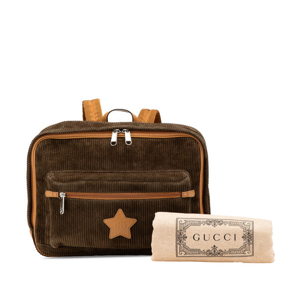 グッチ ダブルG スター リュック バックパック 704946 カーキグリーン ブラウン コーデュロイ レザー レディース GUCCI 【中古】