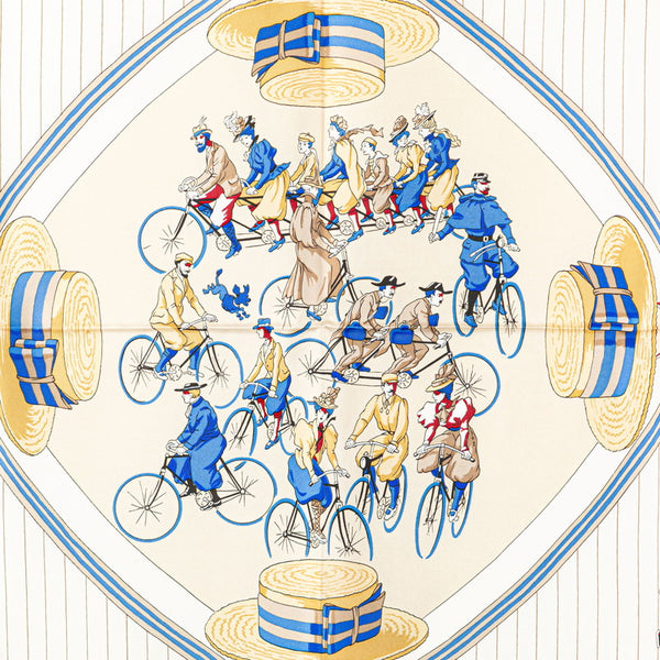 エルメス カレ90 LES BECANES 自転車 スカーフ ブルー ホワイト マルチカラー シルク レディース HERMES 【中古】