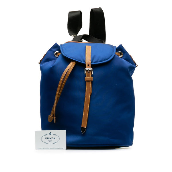 プラダ 三角ロゴプレート リュック バックパック 1BZ064 ブルー ブラウン ナイロン レザー レディース PRADA 【中古】