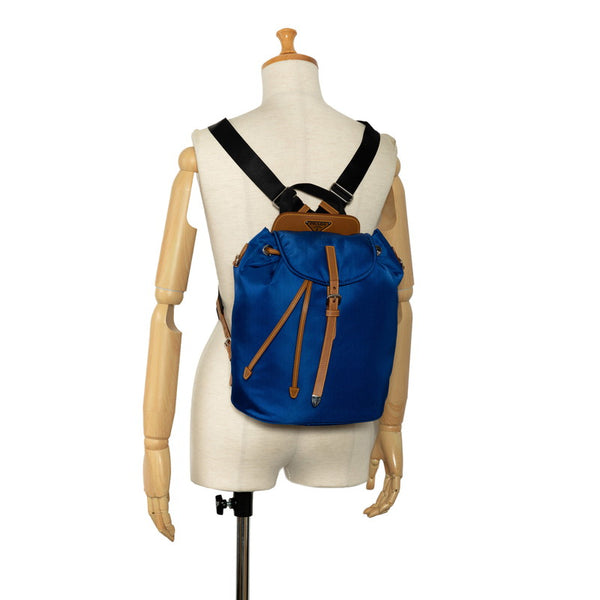 プラダ 三角ロゴプレート リュック バックパック 1BZ064 ブルー ブラウン ナイロン レザー レディース PRADA 【中古】
