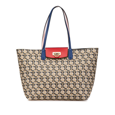 サルヴァトーレフェラガモ ガンチーニ トートバッグ ショルダーバッグ GU-211012 ブラウン レッド ブルー PVC レザー レディース Salvatore Ferragamo 【中古】