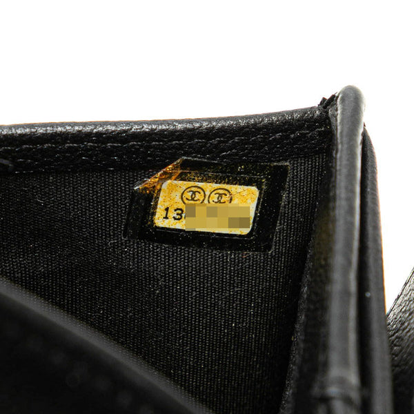 シャネル カメリア ココマーク 三つ折り財布 コンパクトウォレット ブラック ラムスキン レディース CHANEL 【中古】