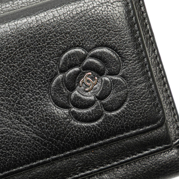 シャネル カメリア ココマーク 三つ折り財布 コンパクトウォレット ブラック ラムスキン レディース CHANEL 【中古】