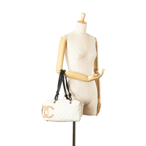 シャネル カンボンライン パイソン ハンドバッグ ホワイト ブラック　ベージュ ラムスキン レディース CHANEL 【中古】