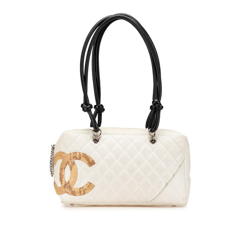シャネル カンボンライン パイソン ハンドバッグ ホワイト ブラック　ベージュ ラムスキン レディース CHANEL 【中古】