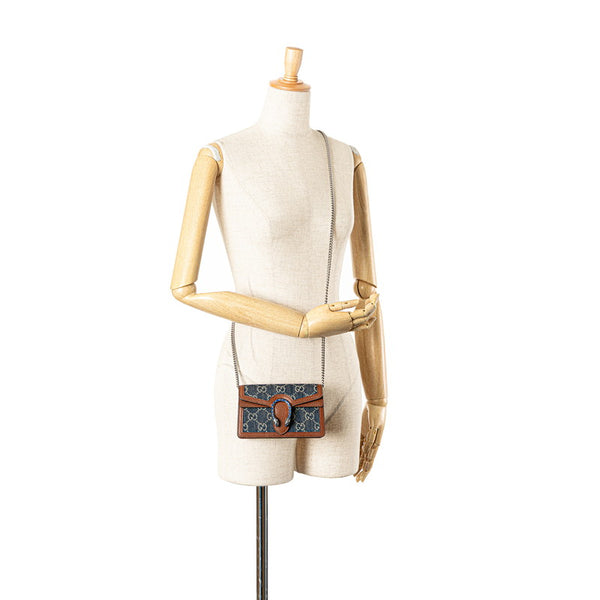 グッチ GGデニム ディオニュソス スーパー ミニバッグ 斜め掛け チェーン ショルダーバッグ 476432 インディゴブルー ブラウン デニム レザー レディース GUCCI 【中古】