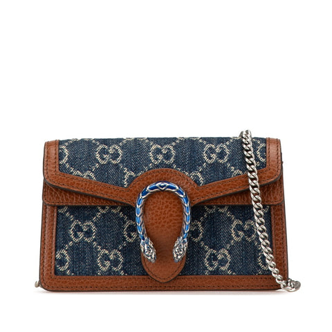 グッチ GGデニム ディオニュソス スーパー ミニバッグ 斜め掛け チェーン ショルダーバッグ 476432 インディゴブルー ブラウン デニム レザー レディース GUCCI 【中古】