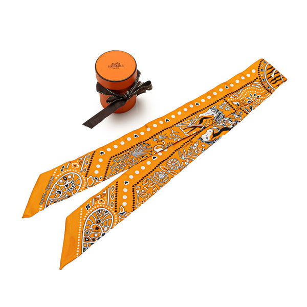 エルメス ツイリー Entre Ciel et mer Bandana 空と海の間 スカーフ オレンジ ブラック シルク レディース HERMES 【中古】