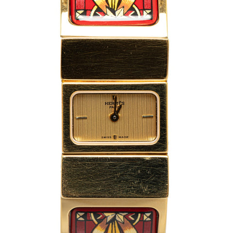 エルメス ロケ 白馬 七宝焼 バングル 腕時計 LO1.201 クオーツ ゴールド文字盤 メッキ レディース HERMES 【中古】