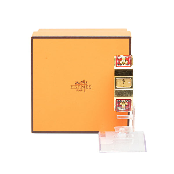 エルメス ロケ 白馬 七宝焼 バングル 腕時計 LO1.201 クオーツ ゴールド文字盤 メッキ レディース HERMES 【中古】