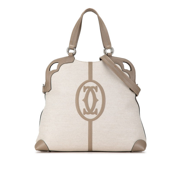 カルティエ マルチェロ ハンドバッグ ショルダーバッグ 2WAY ベージュ グレー キャンバス レザー レディース CARTIER 【中古】