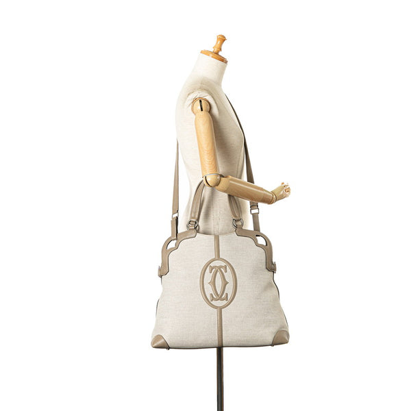 カルティエ マルチェロ ハンドバッグ ショルダーバッグ 2WAY ベージュ グレー キャンバス レザー レディース CARTIER 【中古】