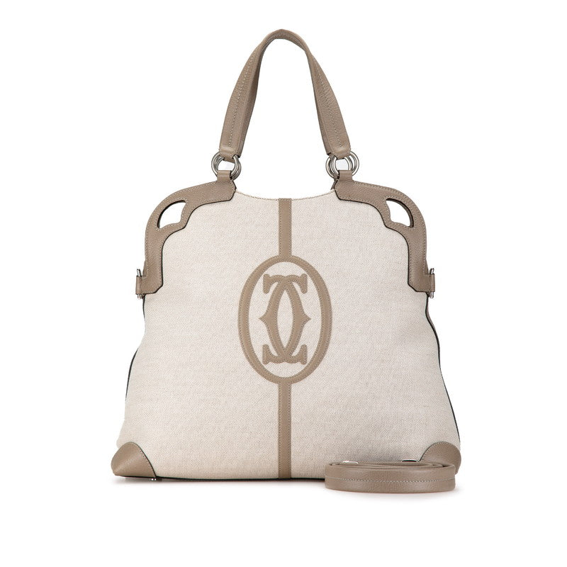 カルティエ マルチェロ ハンドバッグ ショルダーバッグ 2WAY ベージュ グレー キャンバス レザー レディース CARTIER 【中古】