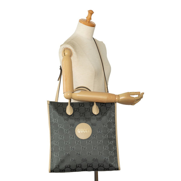 グッチ GGナイロン オブザグリッド ロングトート ハンドバッグ ショルダーバッグ 2WAY 630355 グレー ベージュ ナイロン レザー レディース GUCCI 【中古】